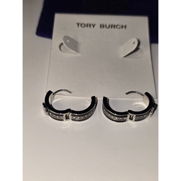 Tory Burch Kira Black & Silver Crystal Hoop Huggy Earrings w/TB Pouch - NWOT - Picture 6 of 8